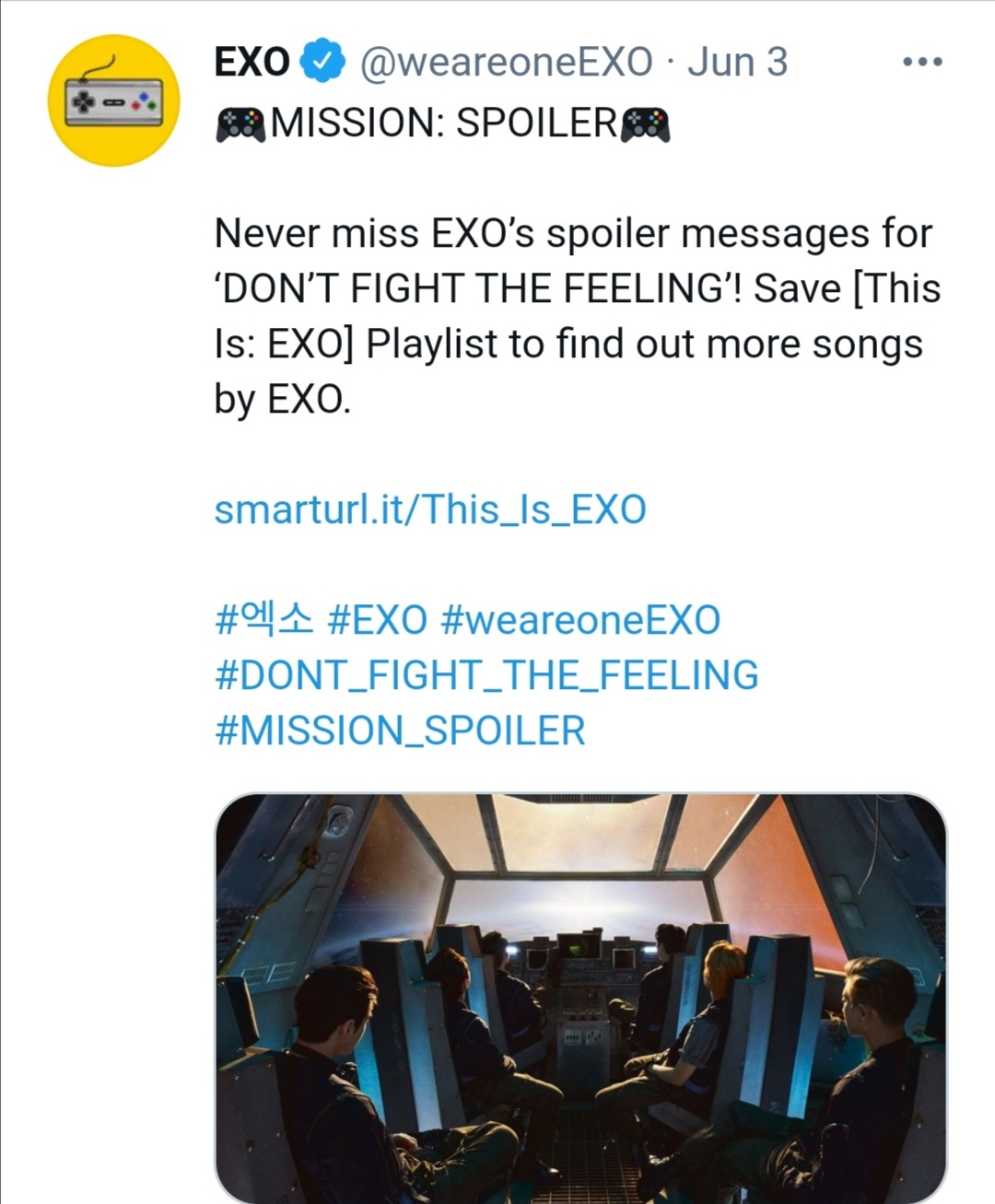EXO يكشف عبر تويتر أغنيتهم الجديدة Don't Fight the Feeling- الصورة من حساب EXO على تويتر
