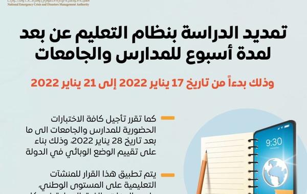 الإمارات تعلن تمديد الدراسة بنظام التعليم عن بعد للمدارس والجامعات أسبوعا