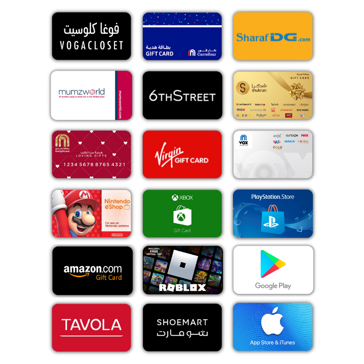 شراء بطاقات الهدايا وشحن الألعاب بالجملة – بطاقات بلايستيشن وإكس بوكس وجوجل بلاي وآبل وروبلوكس.