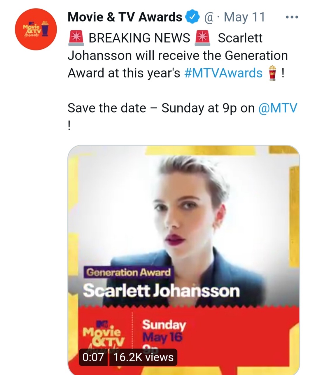 إعلان فوز سكارليت جوهانسون بجائزة نجمة الجيل- الصورة من حساب MTV على تويتر